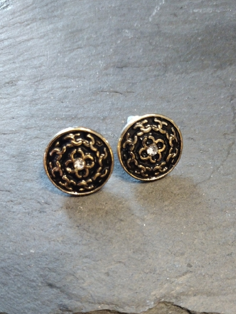 Round Gold-Tone Black Filigree Stud Earrings - Picture 4 of 4